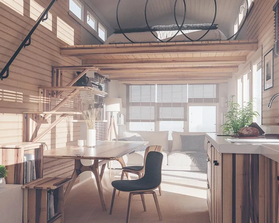 Modern ve minimalist tasarımlı, ahşap detaylara sahip ferah küçük ev içi dekorasyon örneği.