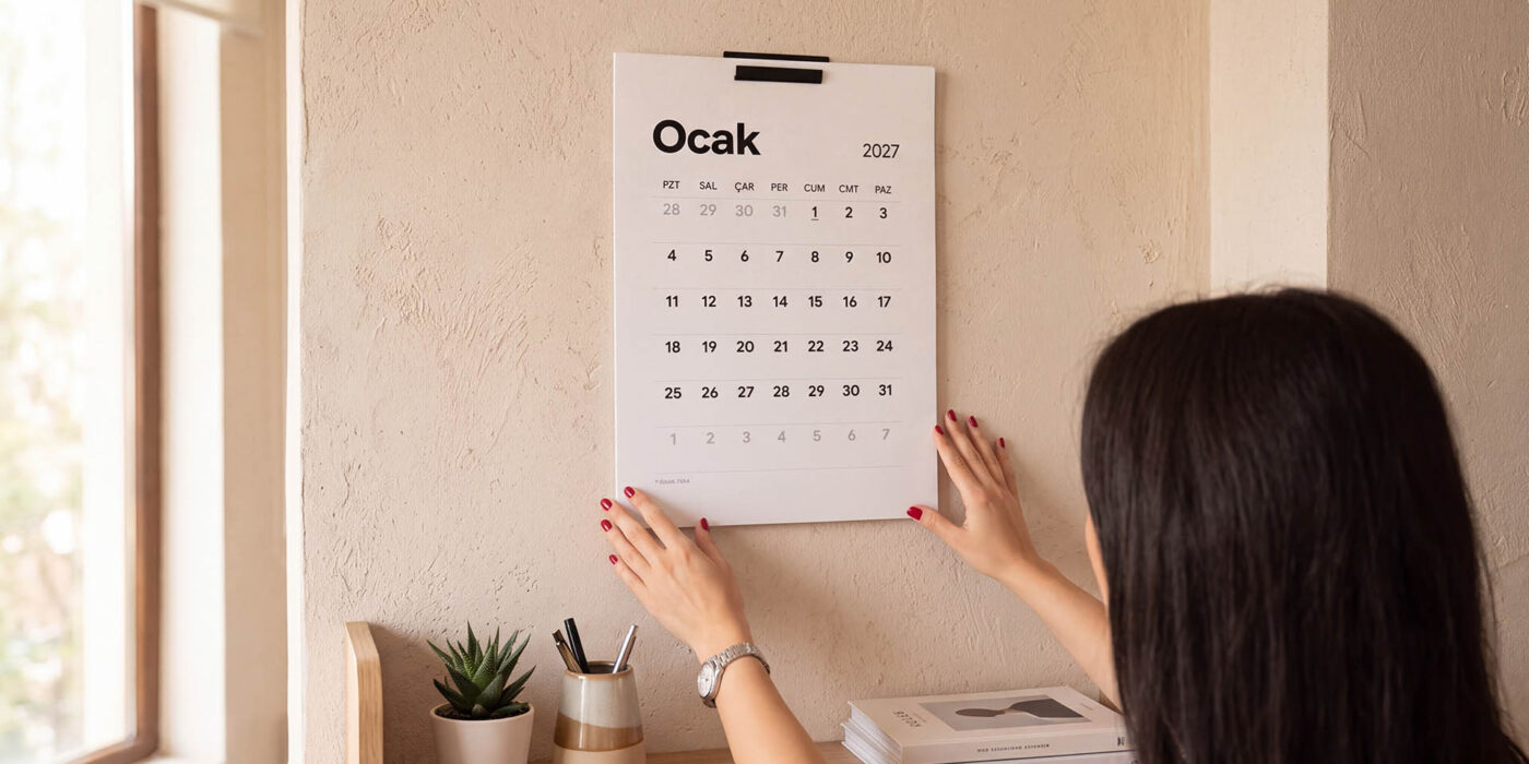 Duvara 2027 yılı Ocak ayı takvimi asan bir kadın, modern ve minimalist tasarımlı beyaz duvar takvimi.