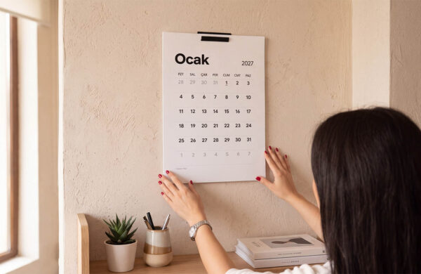 Duvara 2027 yılı Ocak ayı takvimi asan bir kadın, modern ve minimalist tasarımlı beyaz duvar takvimi.