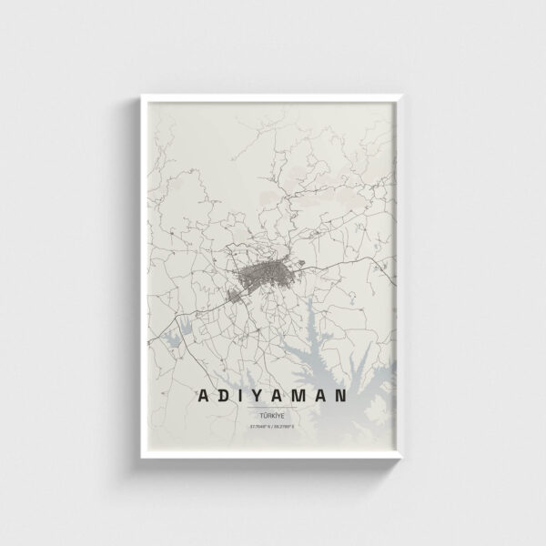 Beyaz çerçeveli Adıyaman şehir haritası posteri, modern duvar dekorasyonu için minimalist tasarım.