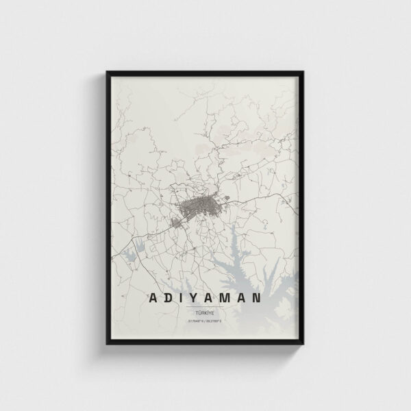 Siyah çerçeveli Adıyaman şehir haritası posteri, modern duvar dekorasyonu.