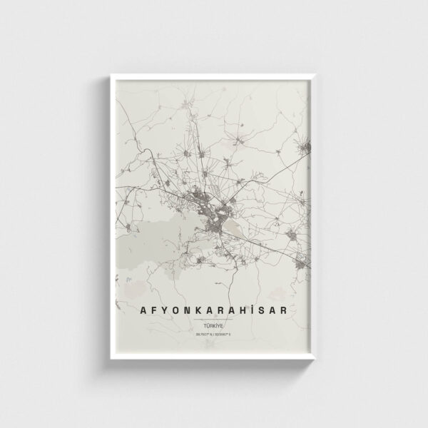 Beyaz çerçeveli Afyonkarahisar şehir haritası posteri, minimalist duvar dekorasyonu.