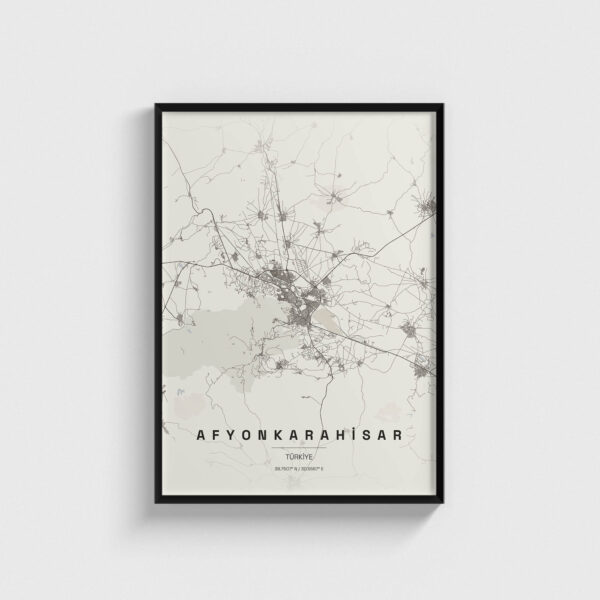 Siyah çerçeveli Afyonkarahisar şehir haritası posteri, minimalist dekoratif duvar tablosu.