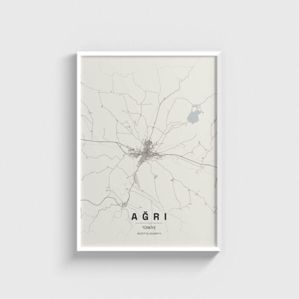 Beyaz çerçeveli Ağrı şehir haritası posteri, modern minimalist duvar dekorasyonu.