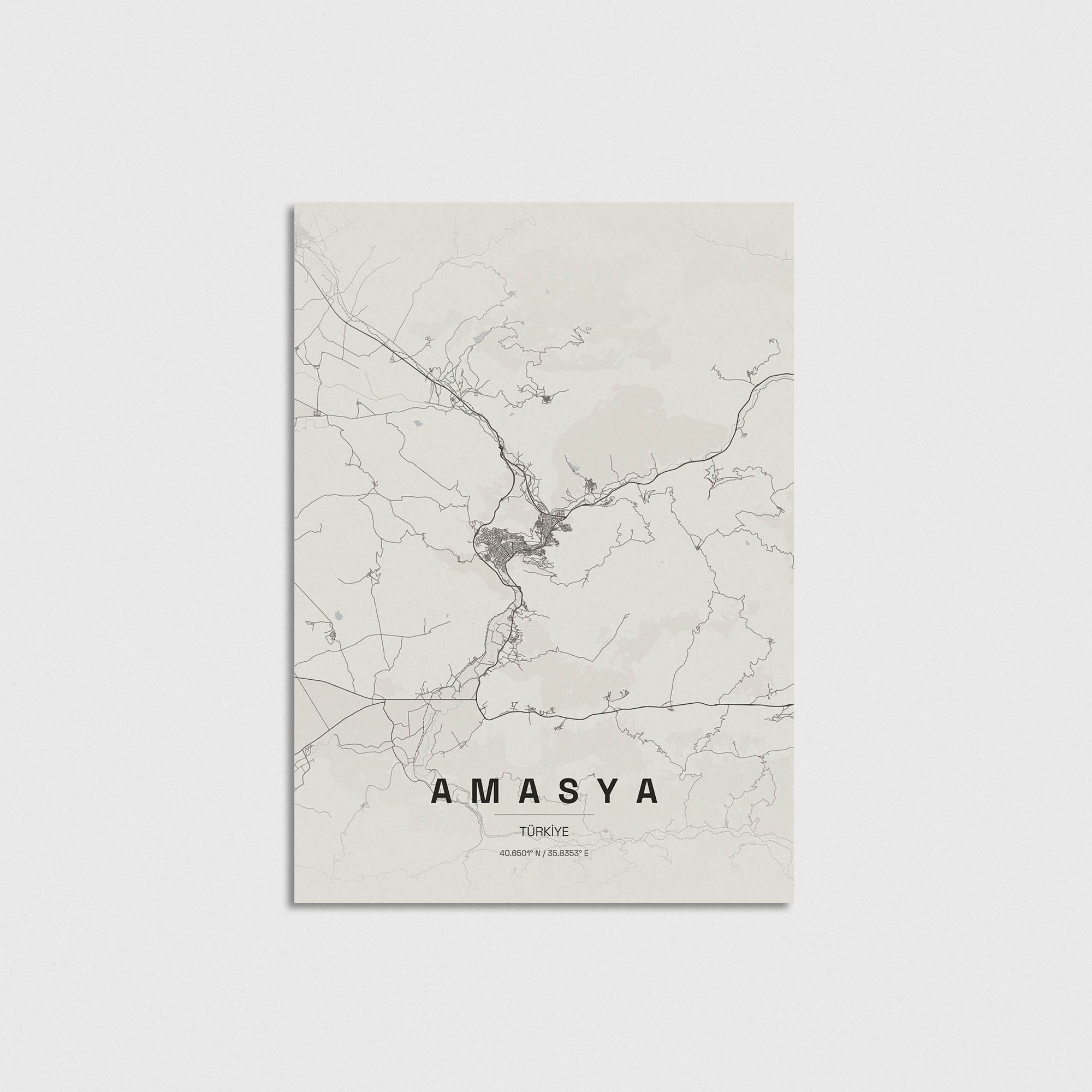 Amasya şehir haritası posteri, minimalist tasarımlı dekoratif duvar tablosu.
