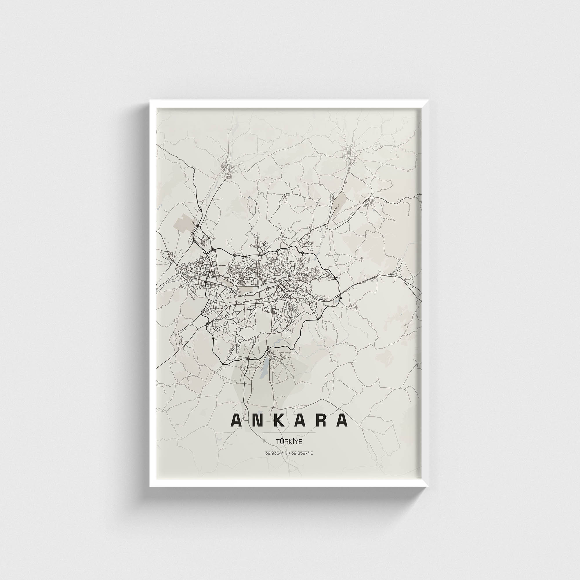 Beyaz çerçeveli Ankara şehir haritası posteri, minimalist duvar dekorasyonu