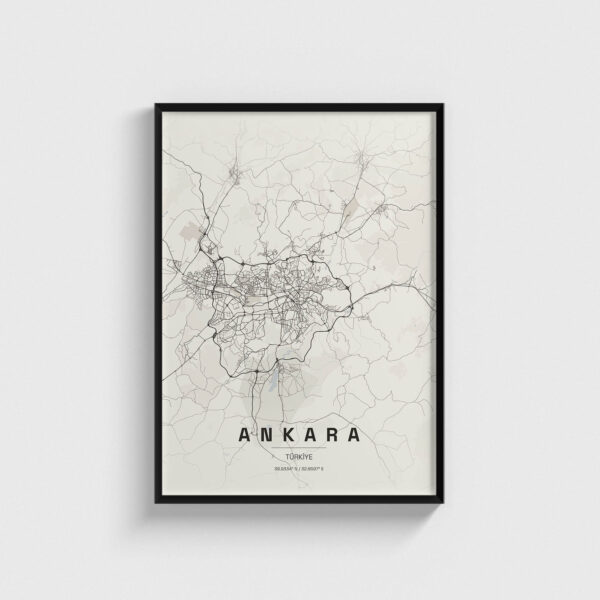Siyah çerçeveli modern Ankara şehir haritası posteri, minimalist duvar dekorasyonu.