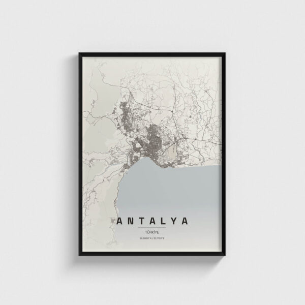 Antalya şehir haritası baskılı, modern siyah çerçeveli dekoratif duvar tablosu.
