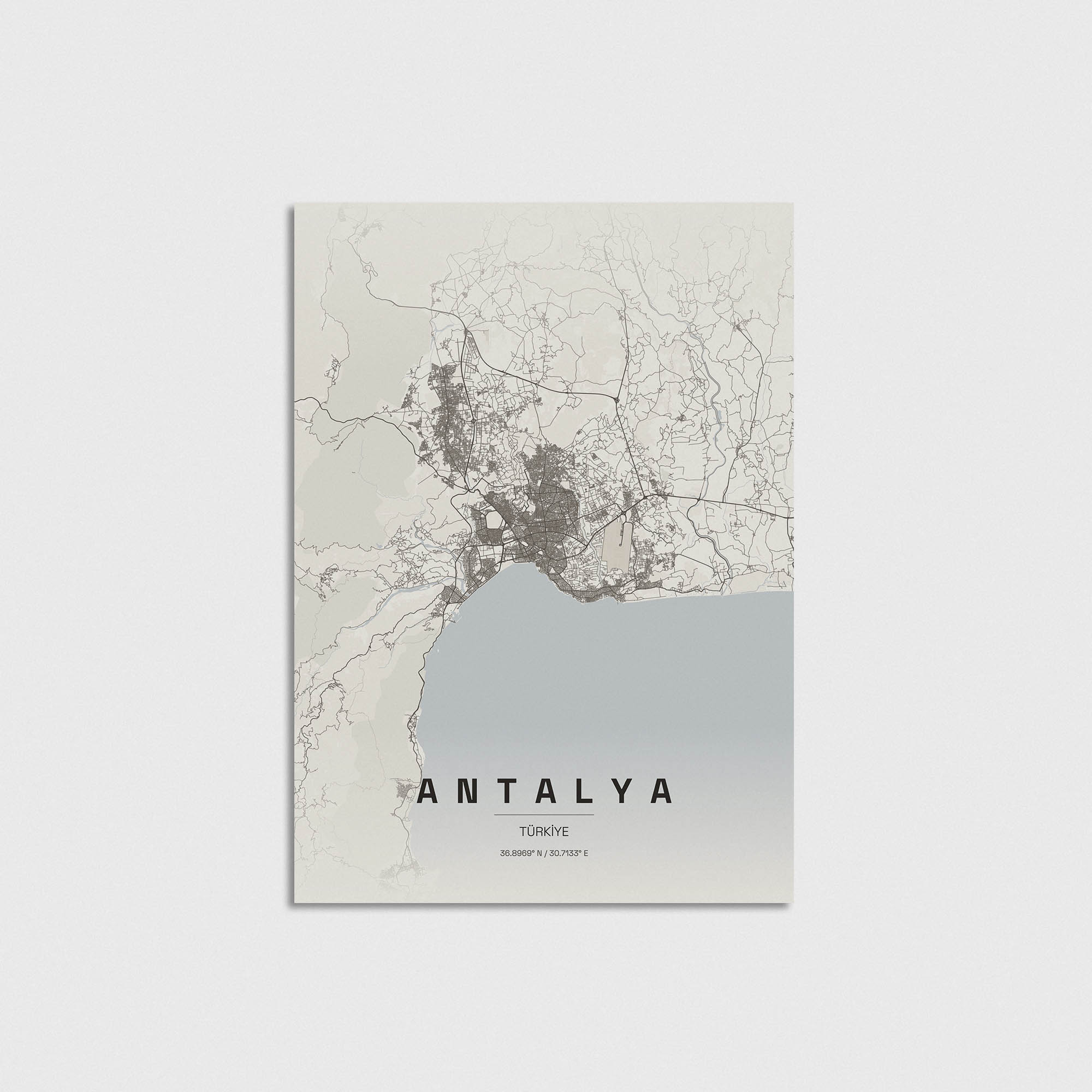 Antalya şehir haritası tasarımı, minimalist tarzda modern duvar posteri.