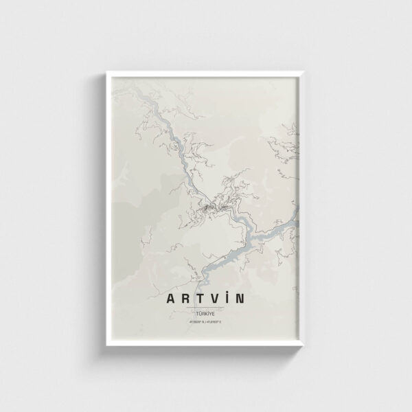Beyaz çerçeveli Artvin şehir haritası posteri, modern minimalist duvar dekorasyonu.
