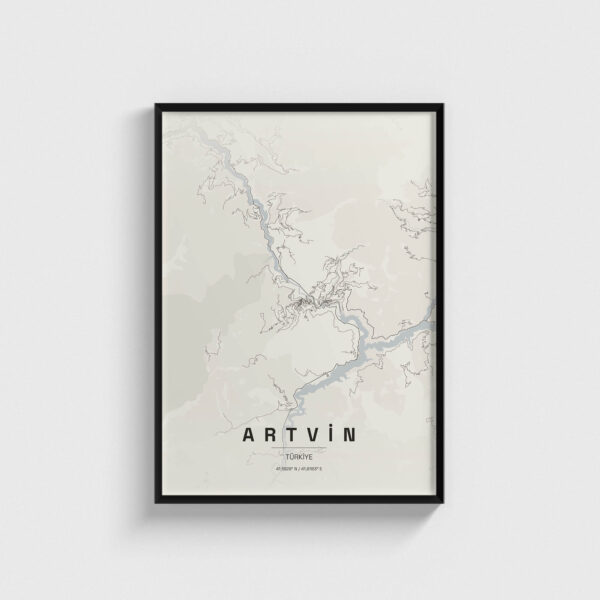 Siyah çerçeveli Artvin şehir haritası posteri, modern minimalist duvar dekorasyonu.
