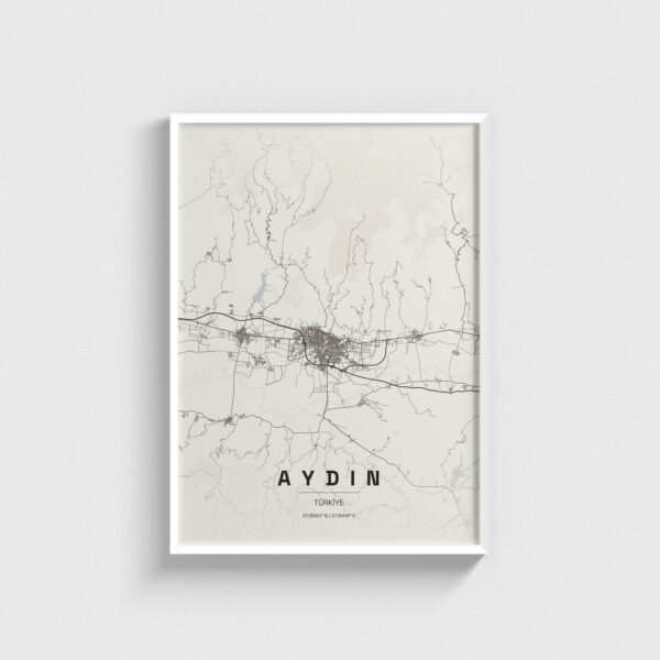 Beyaz çerçeveli Aydın şehir haritası posteri, minimalist duvar dekorasyonu.