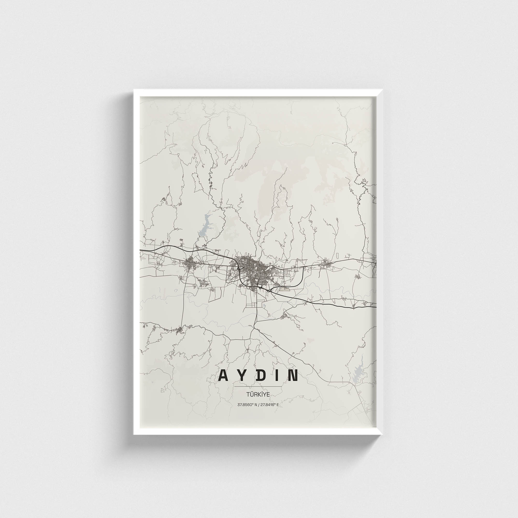 Beyaz çerçeveli Aydın şehir haritası posteri, minimalist duvar dekorasyonu.