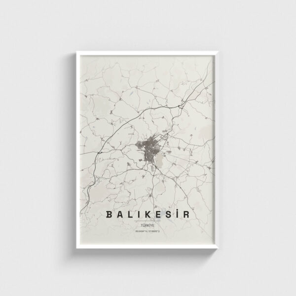 Beyaz çerçeveli Balıkesir şehir haritası posteri, modern duvar dekorasyonu için minimalist tasarım.