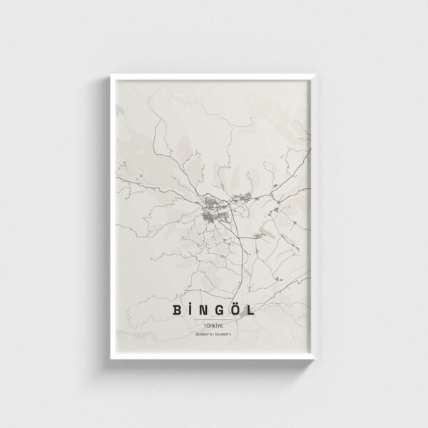 Beyaz çerçeveli Bingöl şehir haritası posteri, minimalist duvar dekorasyonu.