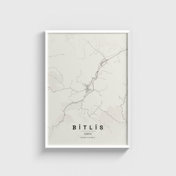 Beyaz çerçeveli Bitlis şehir haritası posteri, minimalist duvar dekorasyonu.
