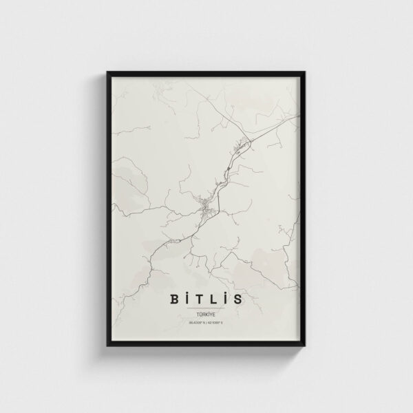 Siyah çerçeveli Bitlis şehir haritası posteri, minimalist duvar dekorasyonu.