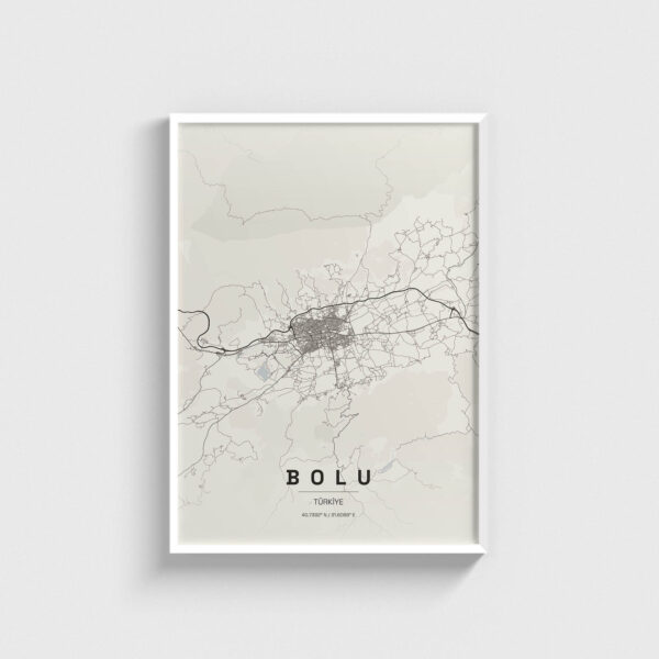 Beyaz çerçeveli Bolu şehir haritası posteri, minimalist duvar dekorasyonu.