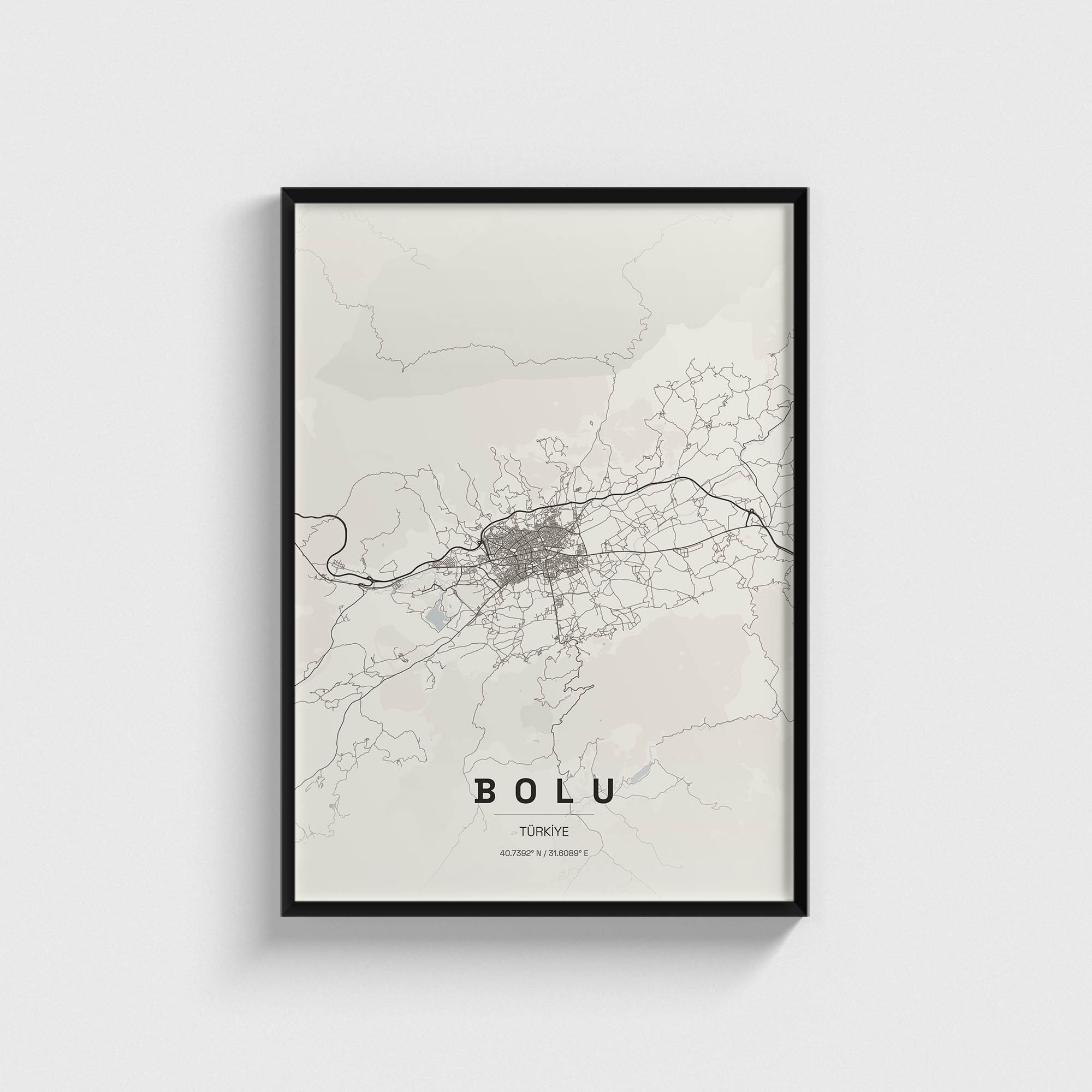Siyah çerçeveli Bolu şehir haritası posteri, minimalist duvar dekorasyonu.