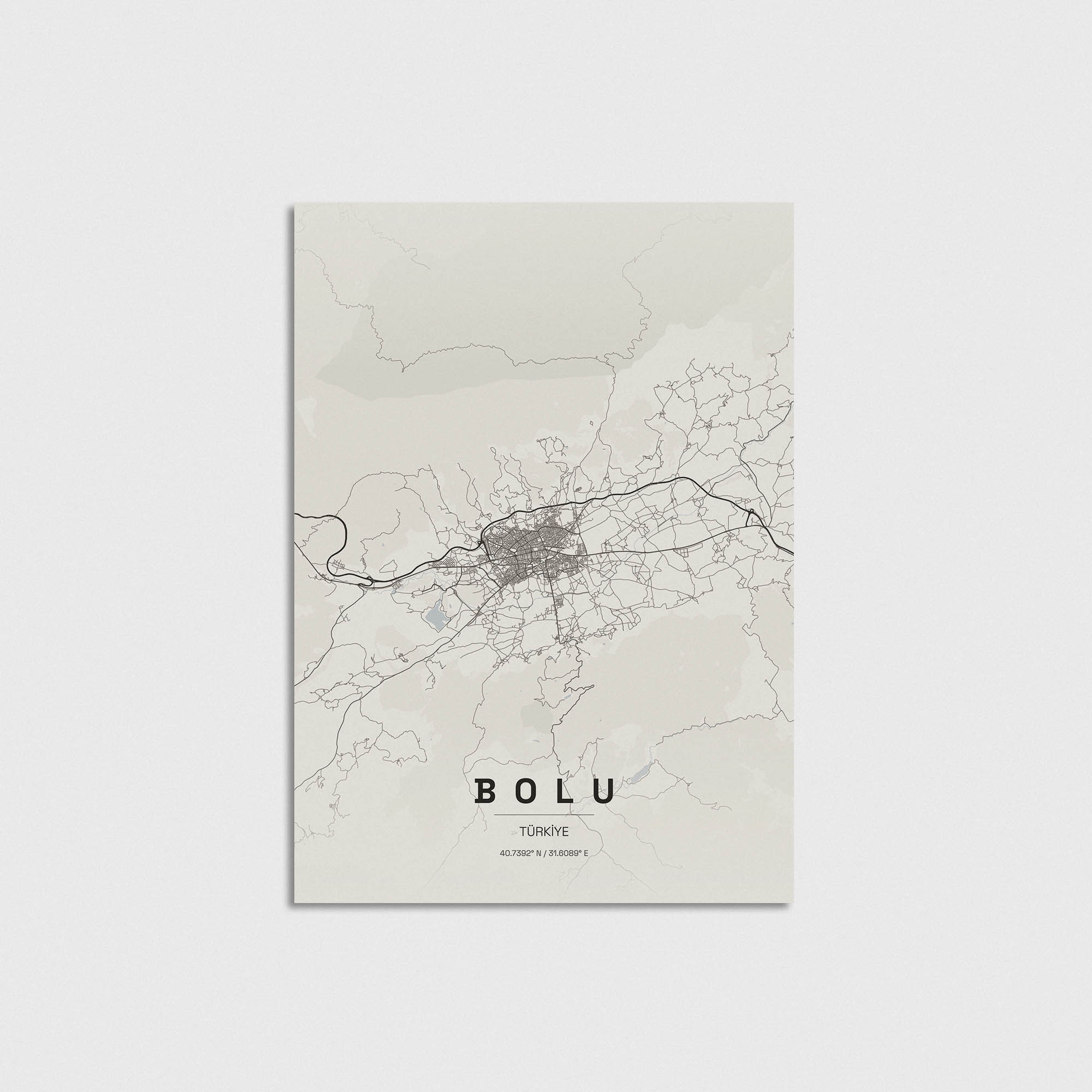 Bolu şehir haritası tasarımı, minimalist tarzda modern duvar posteri.