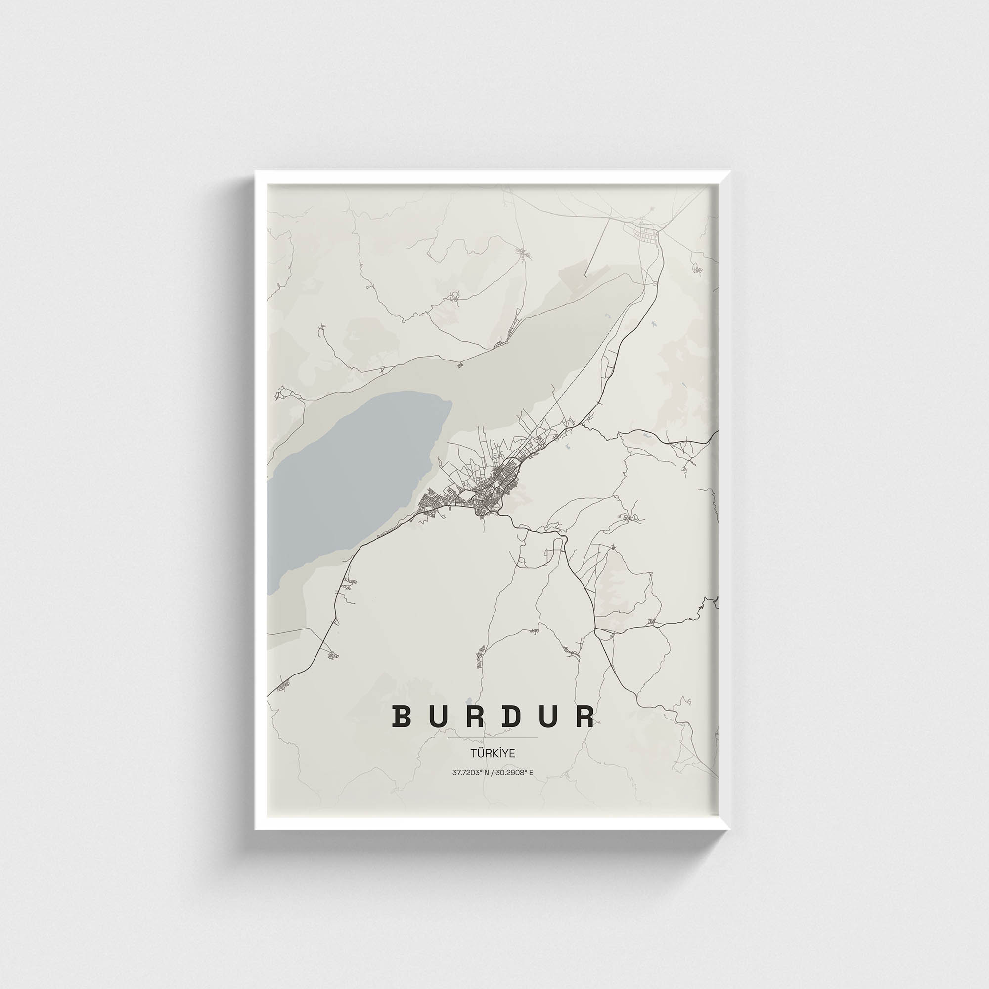 Beyaz çerçeveli Burdur şehir haritası posteri, minimalist duvar dekorasyonu.