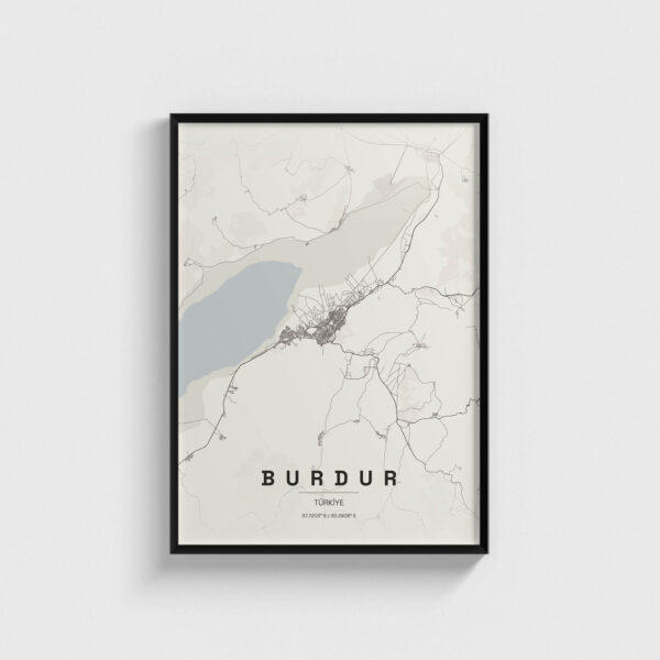 Siyah çerçeveli Burdur şehir haritası posteri, modern duvar dekorasyonu.