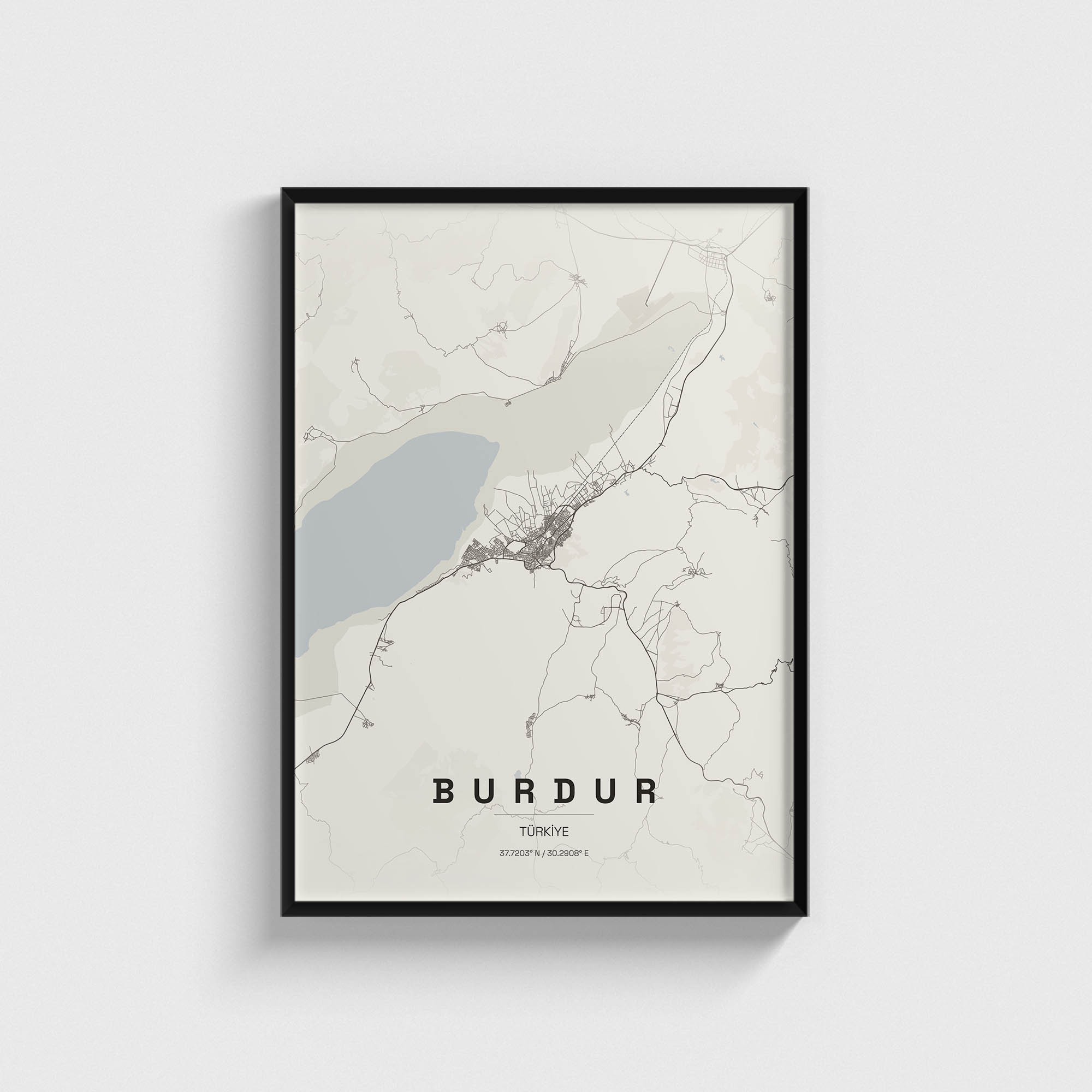 Siyah çerçeveli Burdur şehir haritası posteri, modern duvar dekorasyonu.