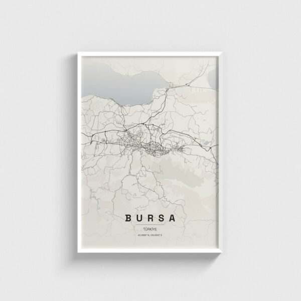 Beyaz çerçeveli Bursa şehir haritası posteri, minimalist dekorasyon için modern duvar tablosu.