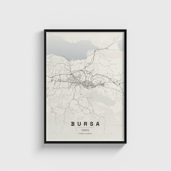 Siyah çerçeveli Bursa şehir haritası posteri, minimalist dekoratif duvar tablosu tasarımı.