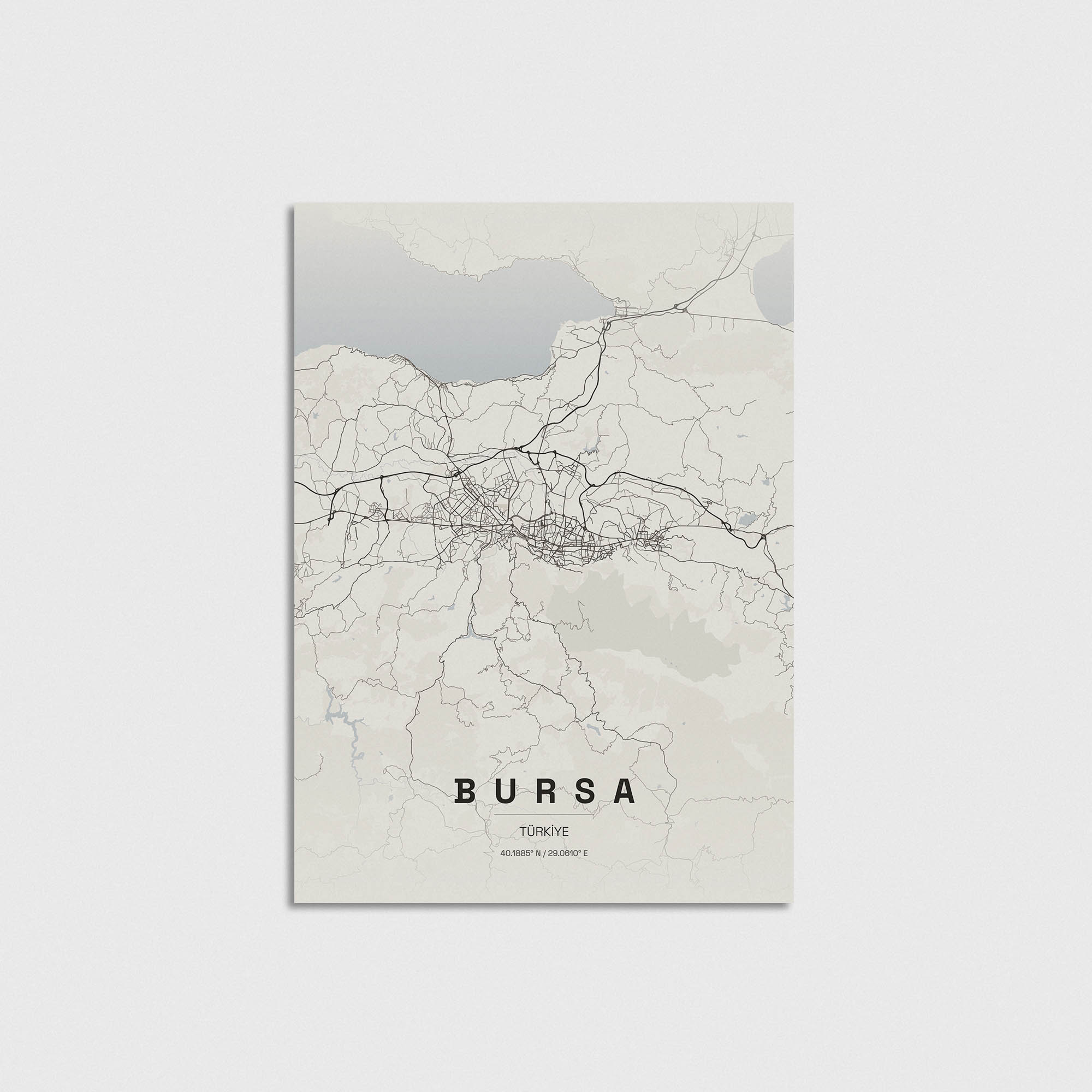 Bursa şehir haritası posteri, minimalist tasarım, modern duvar dekorasyonu için şık ve estetik bir tablo.