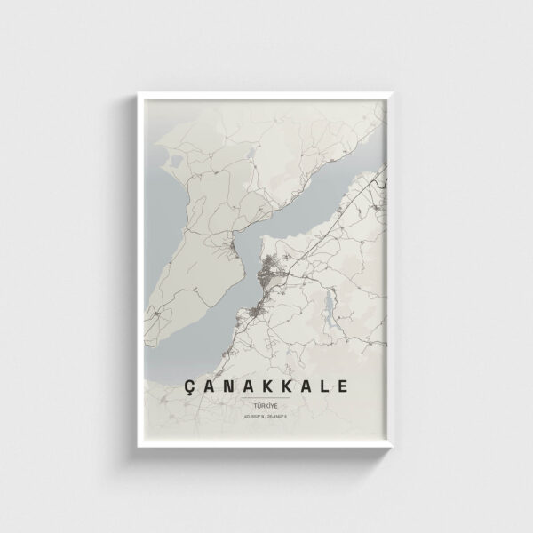Beyaz çerçeveli Çanakkale şehir haritası posteri, minimalist duvar dekorasyonu.