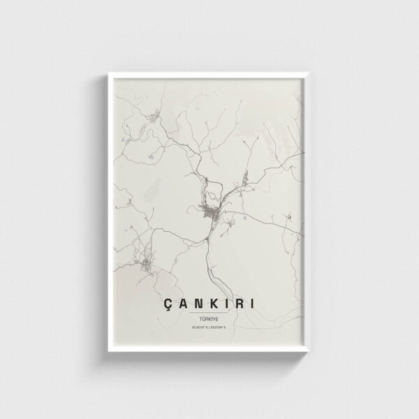 Beyaz çerçeveli Çankırı şehir haritası posteri, minimalist duvar dekorasyonu.