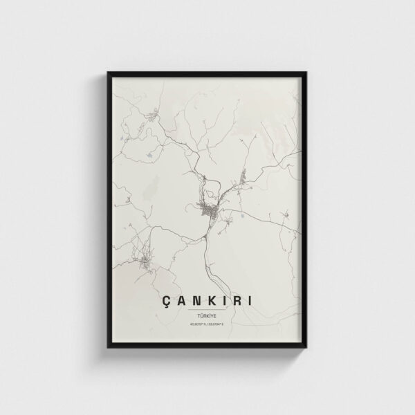 Siyah çerçeveli, minimalist Çankırı şehir haritası posteri