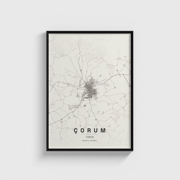 Siyah çerçeveli Çorum şehir haritası posteri, minimalist duvar dekorasyonu.