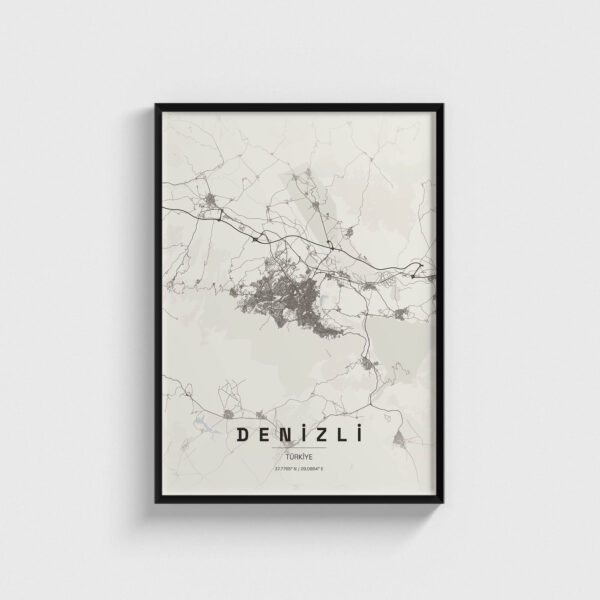 Siyah çerçeveli Denizli şehir haritası posteri, modern duvar dekorasyonu.