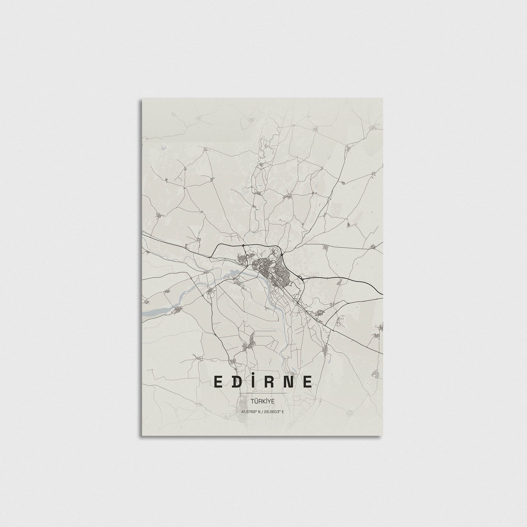 Minimalist Edirne şehir haritası posteri, modern duvar dekorasyonu için şık tasarım.