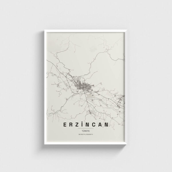 Beyaz çerçeveli Erzincan şehir haritası posteri, modern minimalist duvar dekorasyonu.