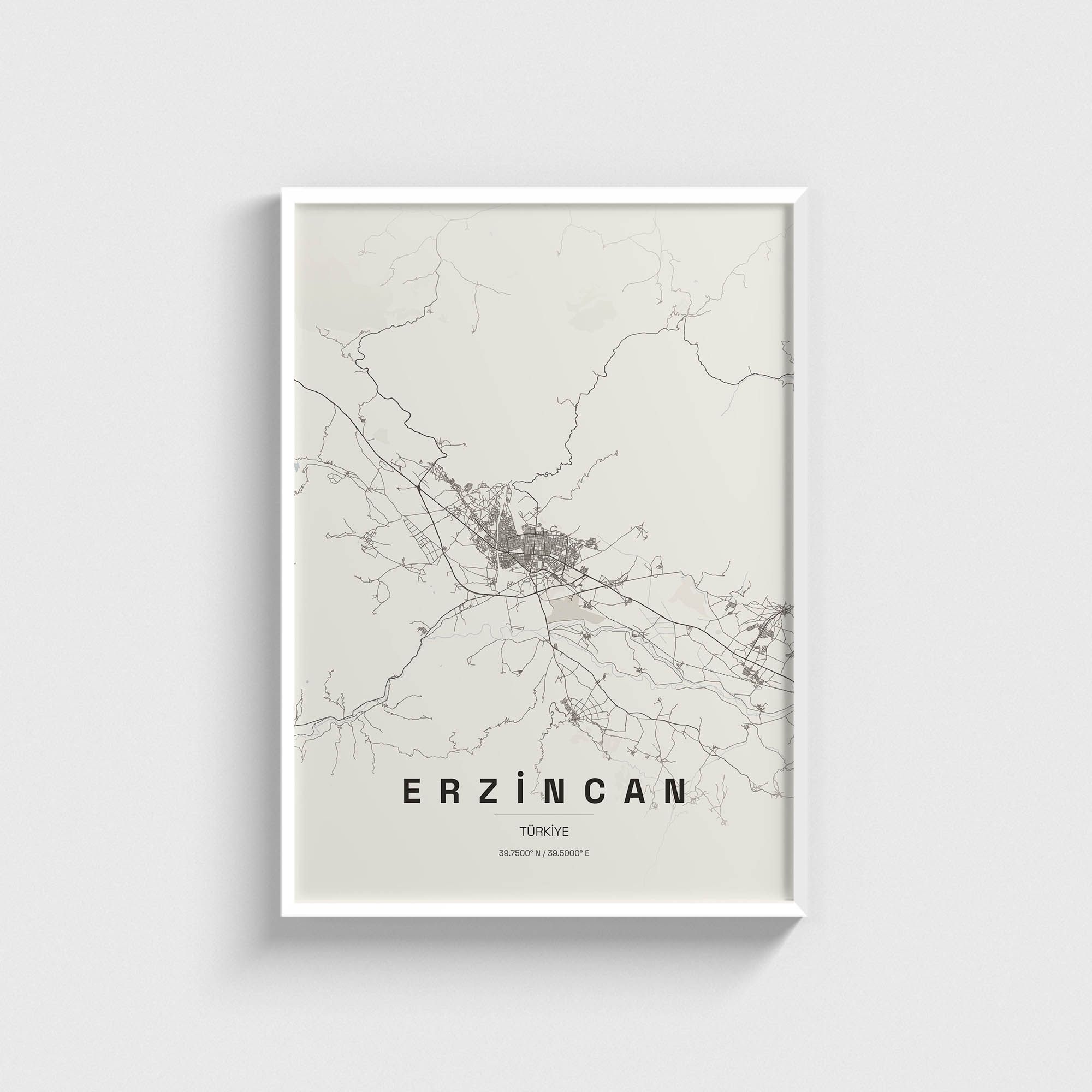 Beyaz çerçeveli Erzincan şehir haritası posteri, modern minimalist duvar dekorasyonu.
