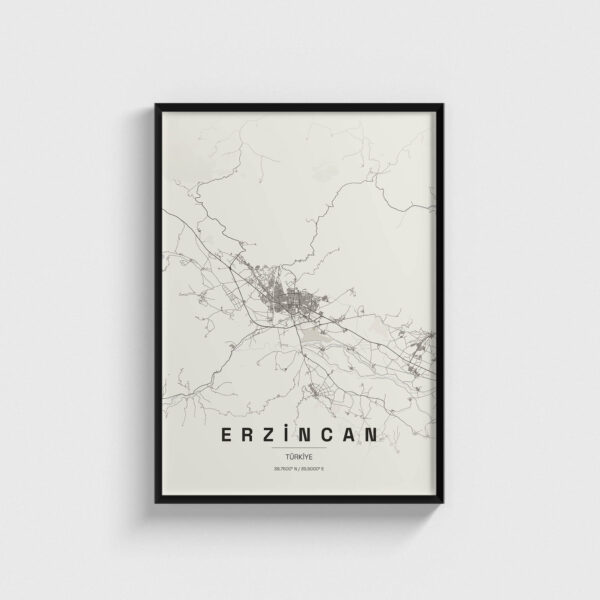 Siyah çerçeveli Erzincan şehir haritası posteri, modern minimalist duvar dekorasyonu.