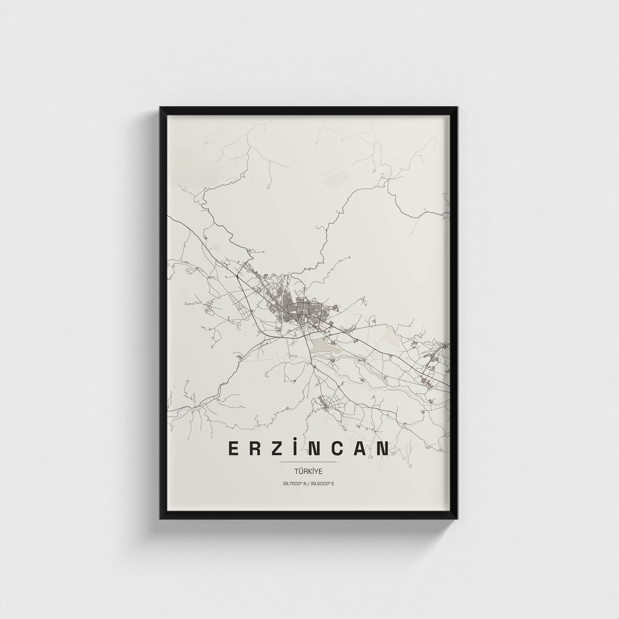 Siyah çerçeveli Erzincan şehir haritası posteri, modern minimalist duvar dekorasyonu.
