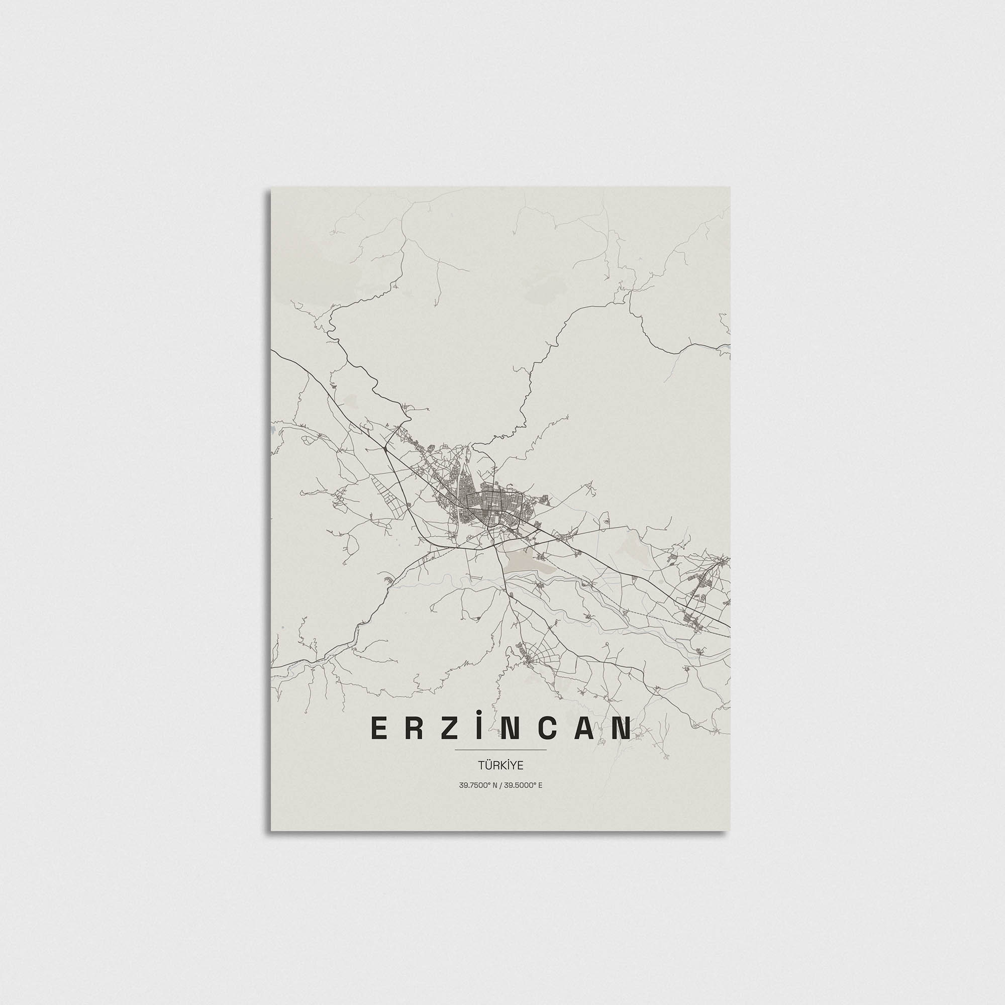 Erzincan şehir haritası tasarımı, minimalist tarzdaki modern duvar dekoru posteri.