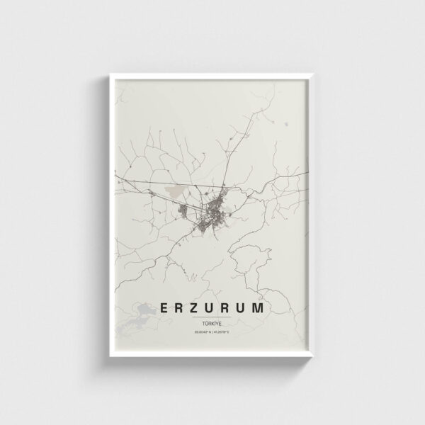 Beyaz çerçeveli Erzurum şehir haritası posteri, minimalist duvar dekorasyonu.
