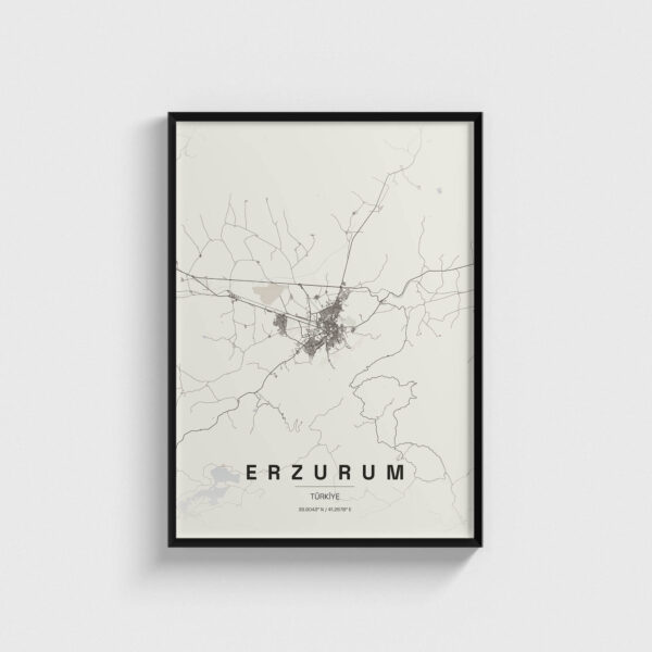 Siyah çerçeveli Erzurum şehir haritası posteri, minimalist duvar dekorasyonu.