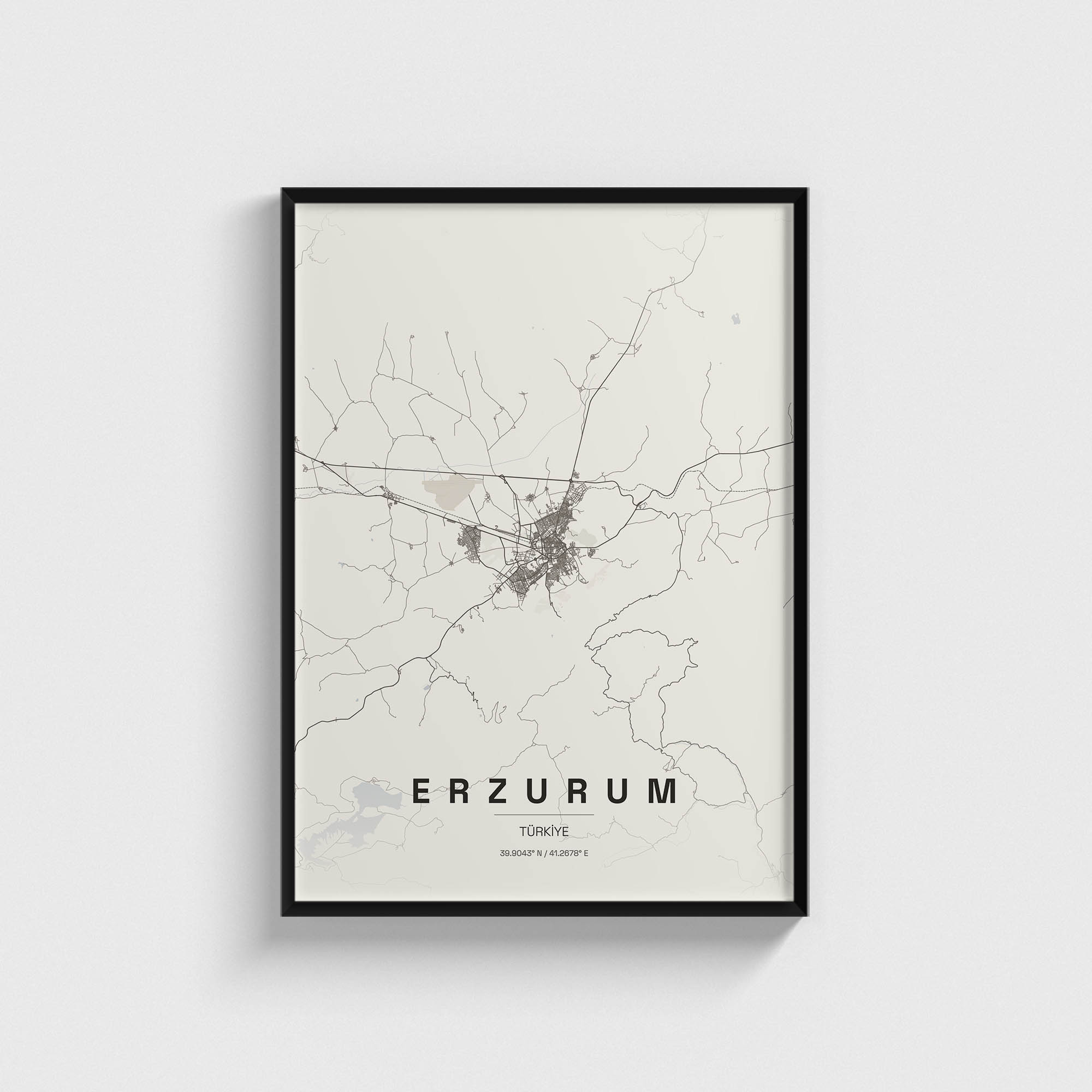 Siyah çerçeveli Erzurum şehir haritası posteri, minimalist duvar dekorasyonu.