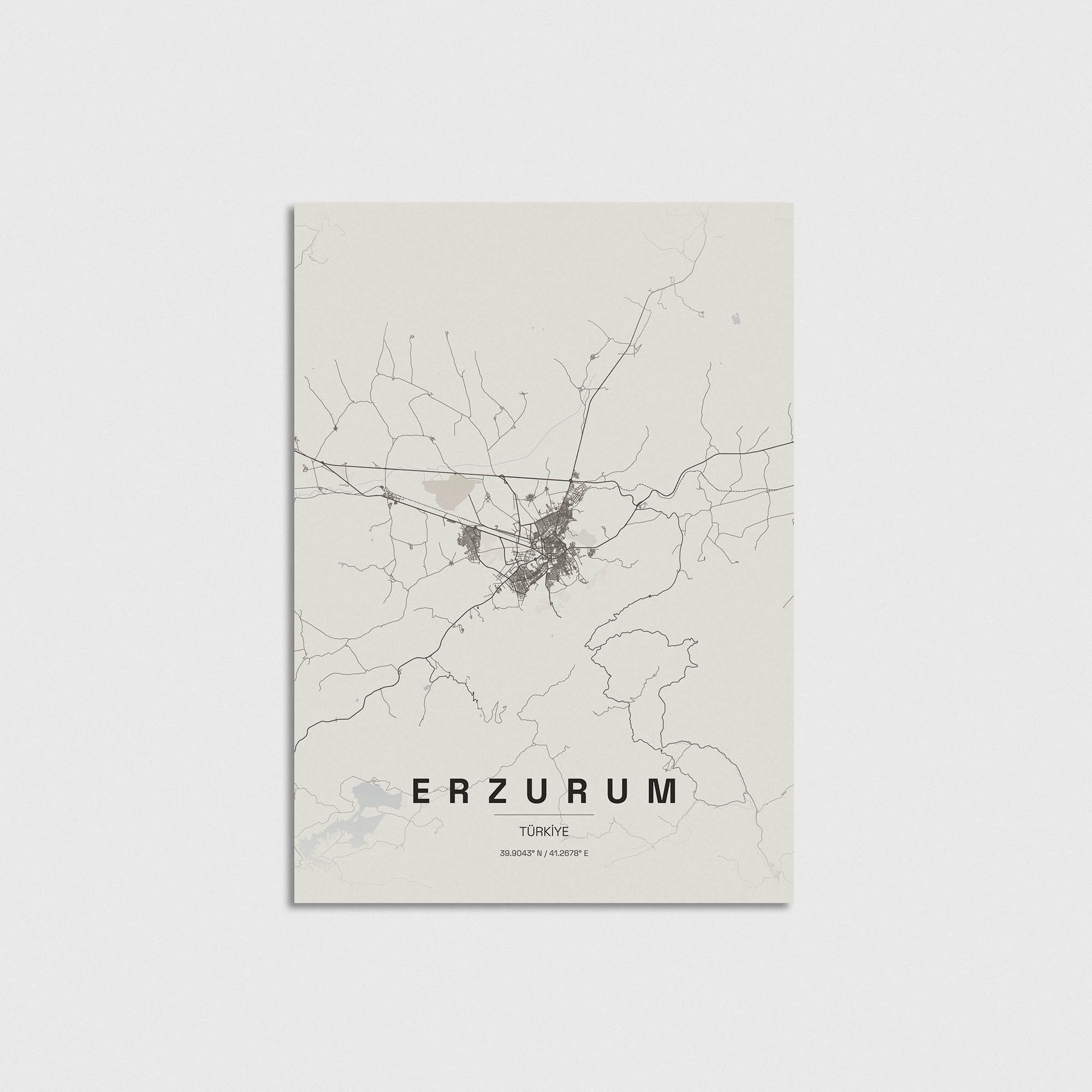Erzurum şehir haritası tasarımı, minimalist tarzda modern duvar posteri.