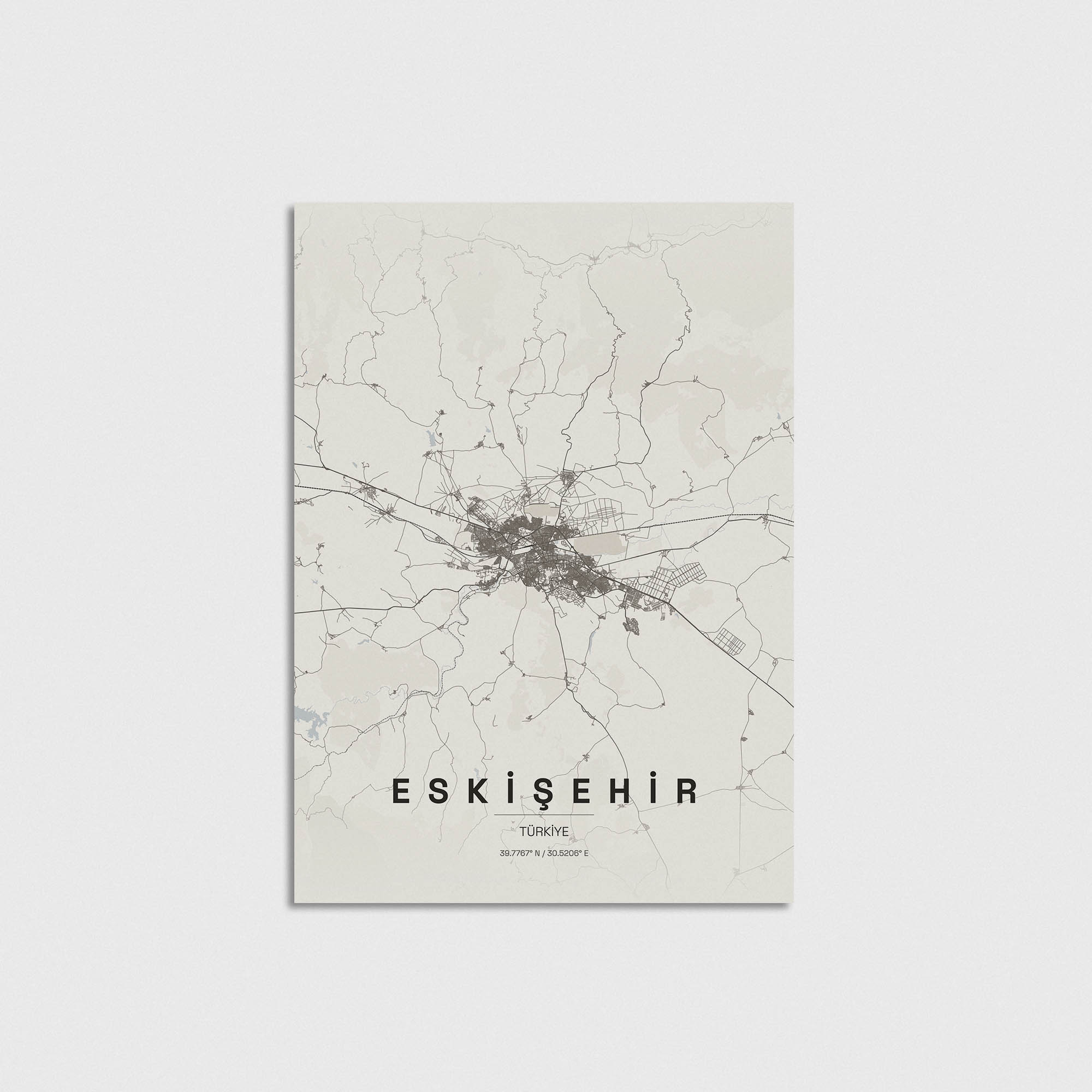 Minimalist Eskişehir şehir haritası posteri, modern dekorasyon için şık ve estetik duvar sanatı.