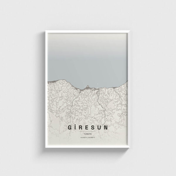 Beyaz çerçeveli Giresun şehir haritası posteri, modern dekoratif duvar tablosu.