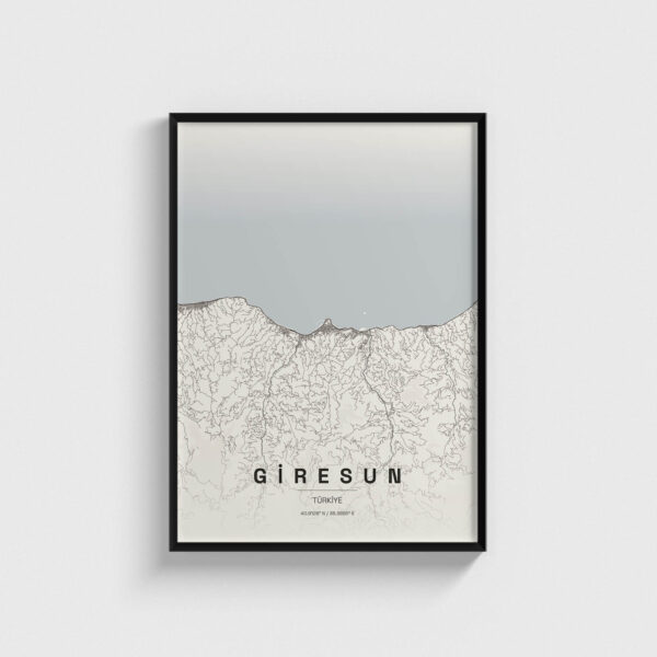 Siyah çerçeveli Giresun şehir haritası posteri, minimalist duvar dekorasyonu.