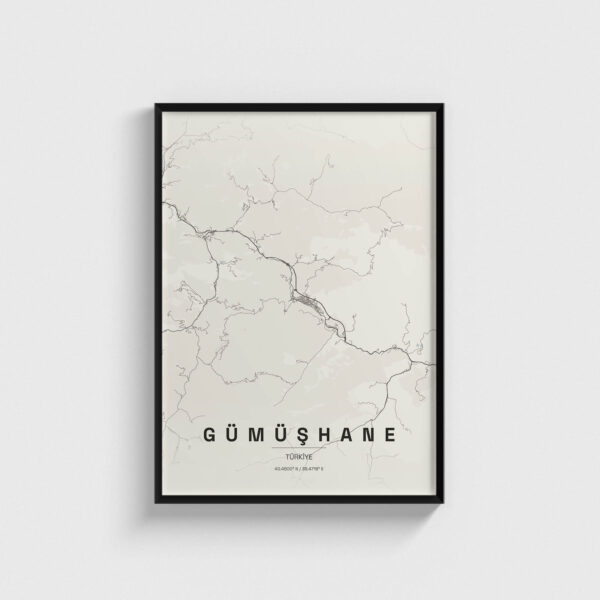 Siyah çerçeveli Gümüşhane şehir haritası posteri, minimalist duvar dekorasyonu.