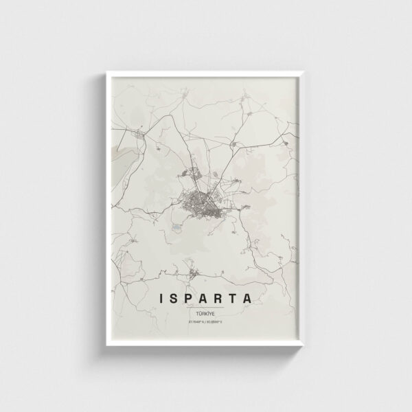 Beyaz çerçeveli Isparta şehir haritası posteri, minimalist duvar dekorasyonu.